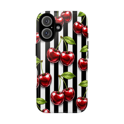 Cherry Pattern Phone Case Black White Stripe Retro Aesthetic Tough Cover