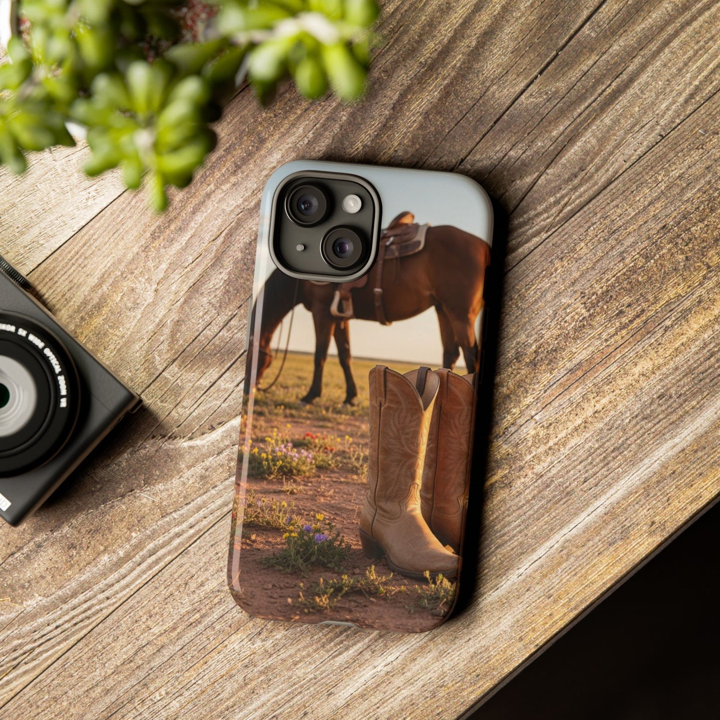 Western Cowboy Boots Phone Case – Rustic Horse Sunset Tough Case (iPhone, Samsung, Pixel)