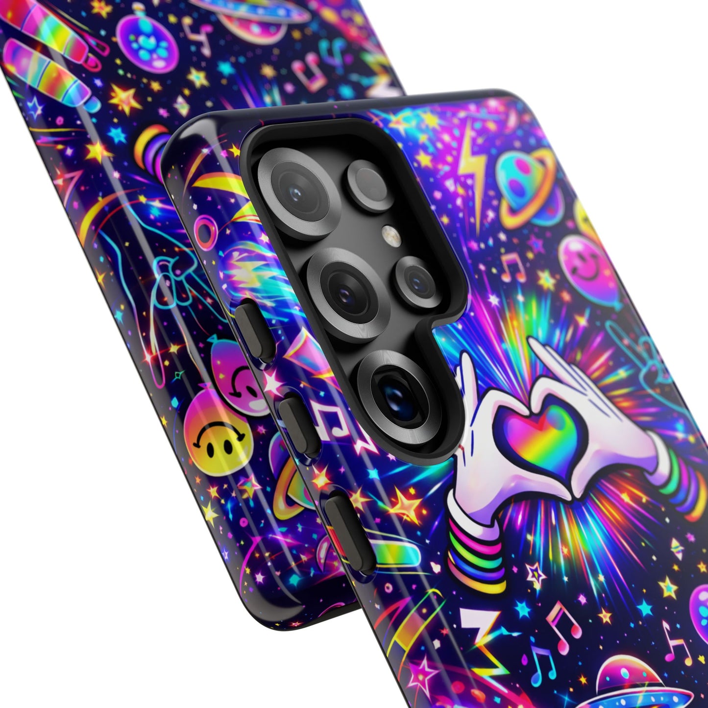 Rainbow Heart Hands Phone Case – Neon Galaxy EDM Festival Tough Cover