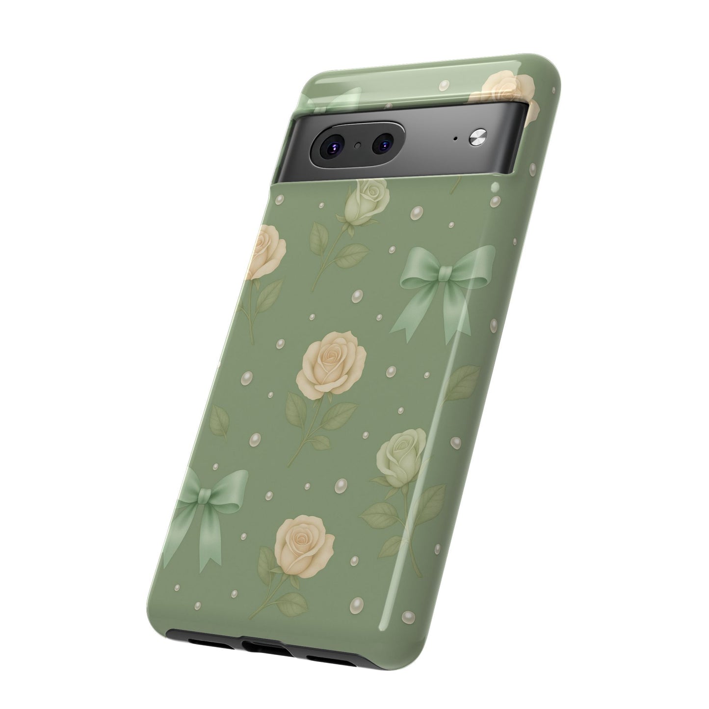 Vintage Rose Bow Phone Case – Sage Green Floral Coquette Aesthetic Tough Case (iPhone, Samsung, Pixel)
