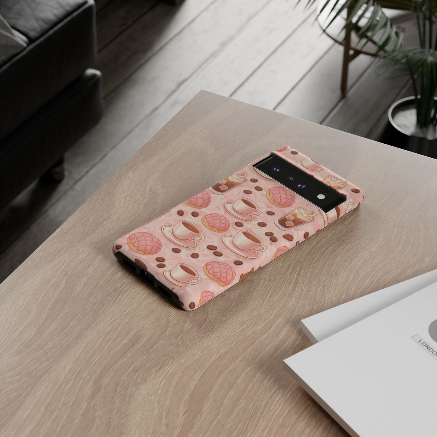 Cute Coffee & Pink Concha Phone Case – Coffee Lover Aesthetic Latte Pattern Tough Case