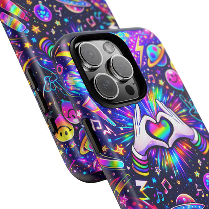Rainbow Heart Hands Phone Case – Neon Galaxy EDM Festival Tough Cover