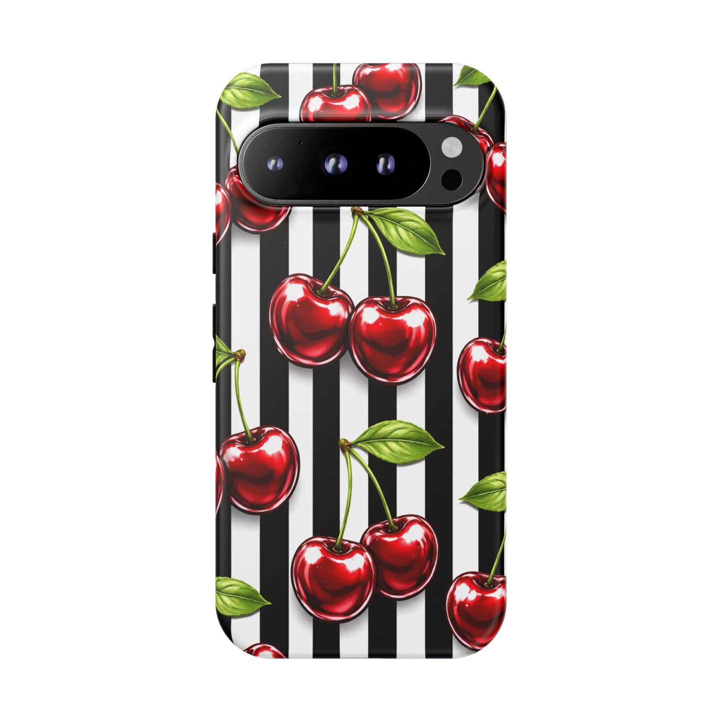 Cherry Pattern Phone Case Black White Stripe Retro Aesthetic Tough Cover