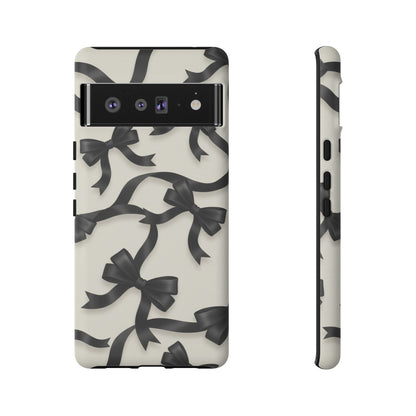 Black Ribbon Bow Phone Case, Minimal Bow Pattern Tough Protective Case