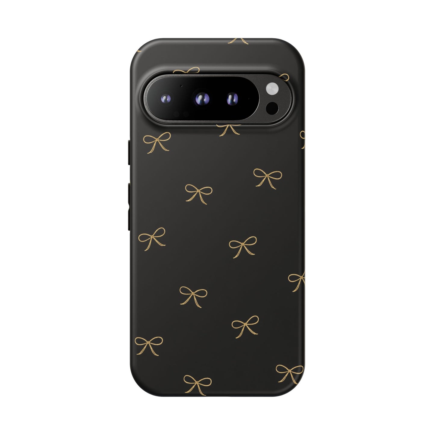 Black Phone Case with Gold Bow Pattern – Slim Protective Cute Aesthetic Cover for Iphone, Samsung Galaxy and Pixel