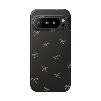 Black Phone Case with Gold Bow Pattern – Slim Protective Cute Aesthetic Cover for Iphone, Samsung Galaxy and Pixel