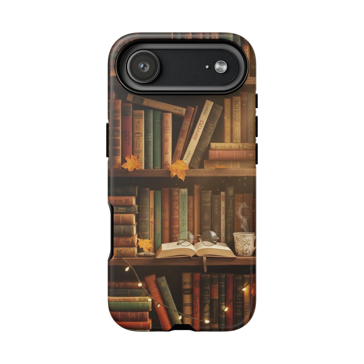 Cozy Vintage Bookshelf Phone Case, Library Aesthetic Book Stack, Autumn Coffee Vibes (iPhone, Samsung, Pixel)