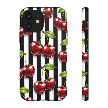 Cherry Pattern Phone Case Black White Stripe Retro Aesthetic Tough Cover