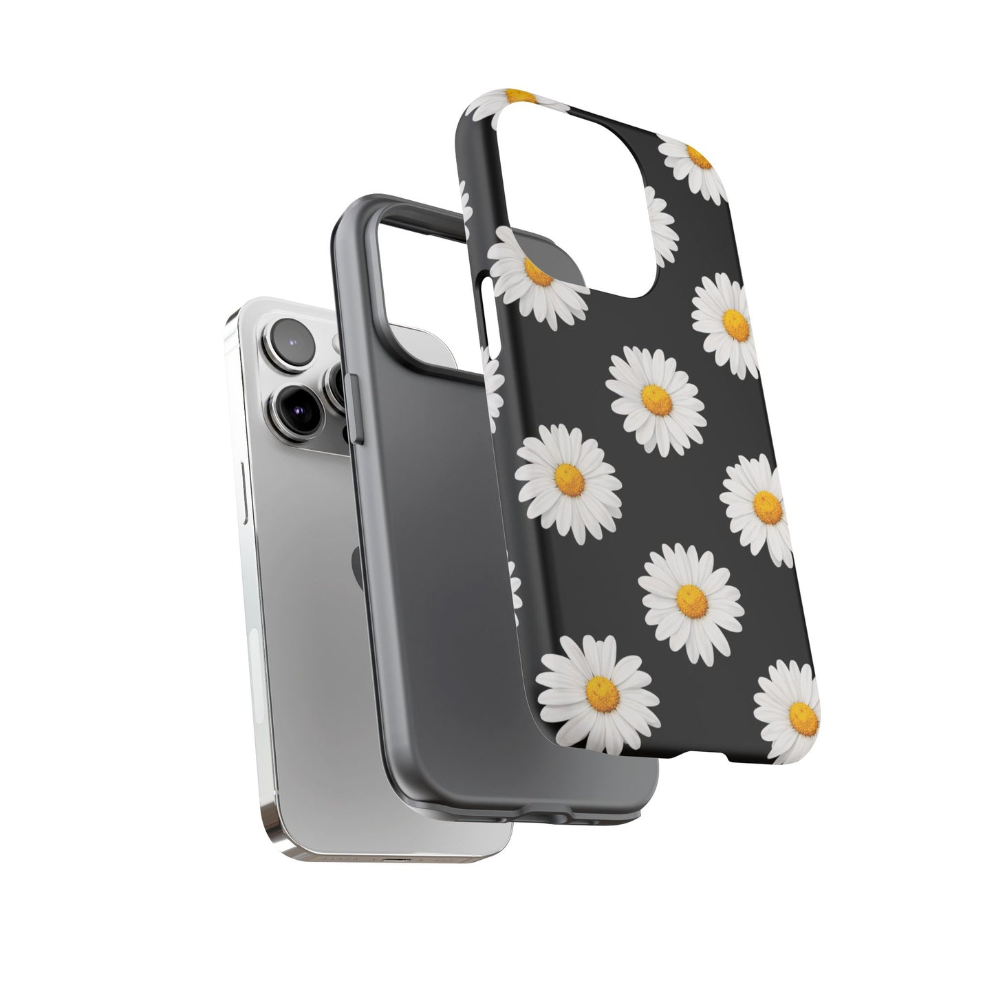 Black Daisy Floral Tough Phone Case – Cute Protective Cover for Iphone, Samsung Galaxy and Pixel