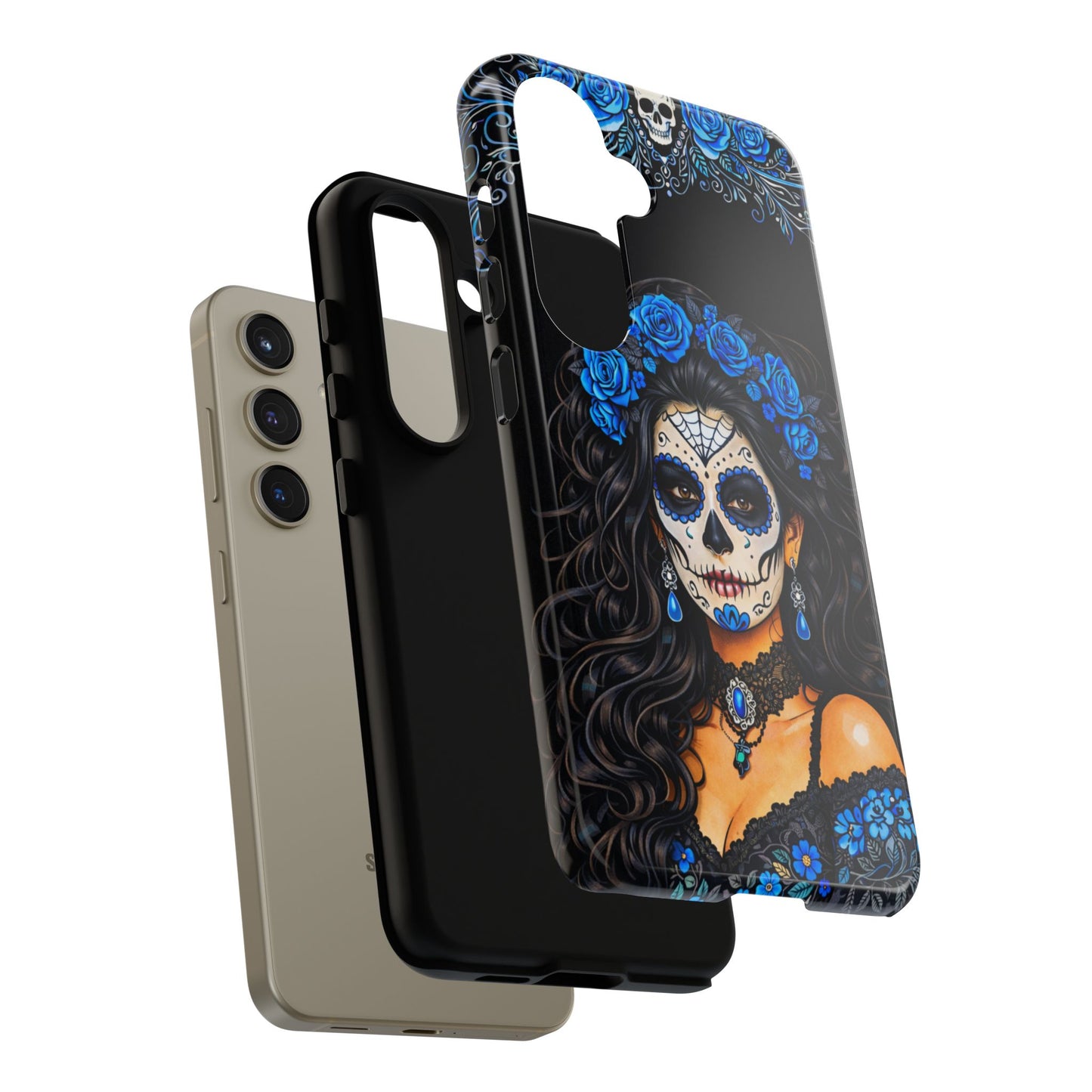 Blue Sugar Skull Woman Phone Case – Day of the Dead Aesthetic Tough Cover