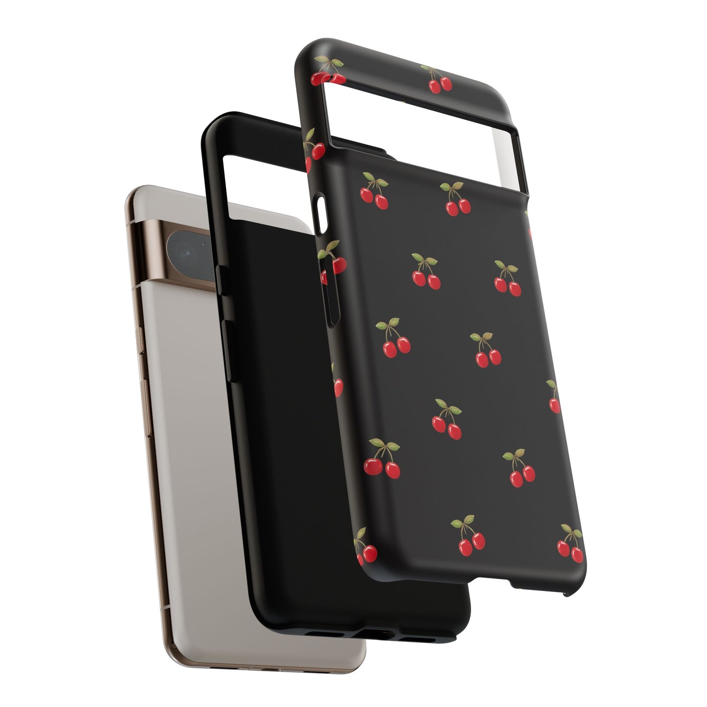Cherry Pattern Phone Case — Slim Black Protective iPhone Case with Red Cherries for Iphone, Samsung Galaxy and Pixel