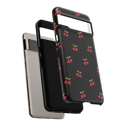 Cherry Pattern Phone Case — Slim Black Protective iPhone Case with Red Cherries for Iphone, Samsung Galaxy and Pixel