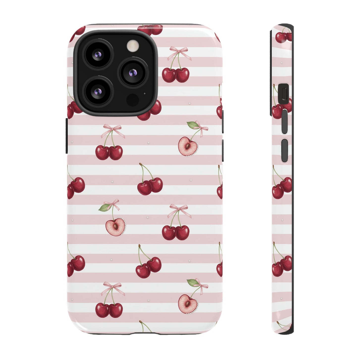 Pink Cherry Stripe Phone Case | Cute Coquette Aesthetic Protective Tough Case