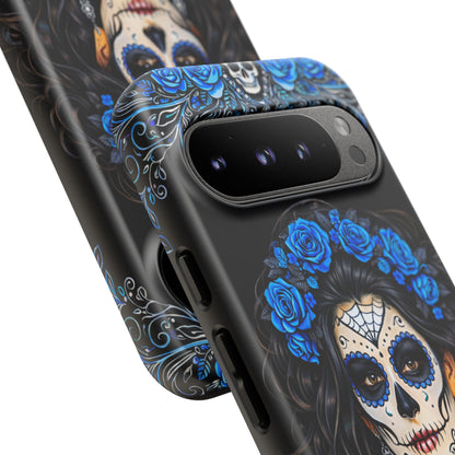 Blue Sugar Skull Woman Phone Case – Day of the Dead Aesthetic Tough Cover