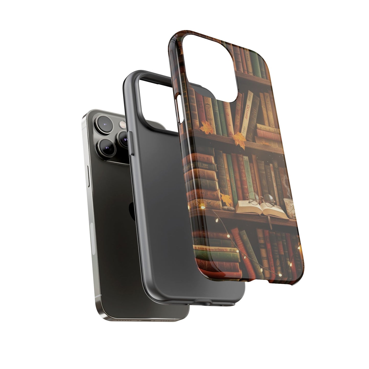 Cozy Vintage Bookshelf Phone Case, Library Aesthetic Book Stack, Autumn Coffee Vibes (iPhone, Samsung, Pixel)