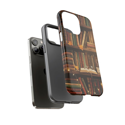 Cozy Vintage Bookshelf Phone Case, Library Aesthetic Book Stack, Autumn Coffee Vibes (iPhone, Samsung, Pixel)