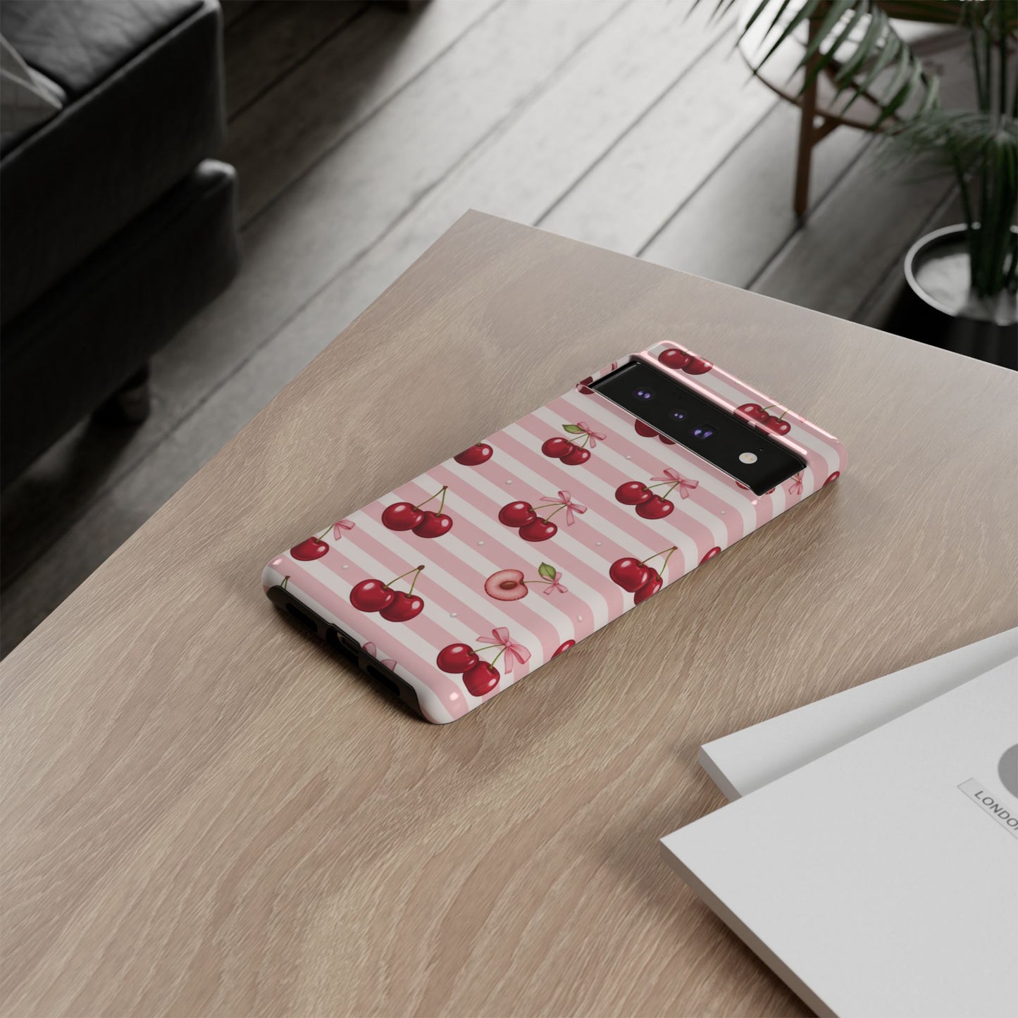 Coquette Cherry Bow Phone Case | Cute Pink Aesthetic Cherry Pattern Tough Case for iPhone & Samsung