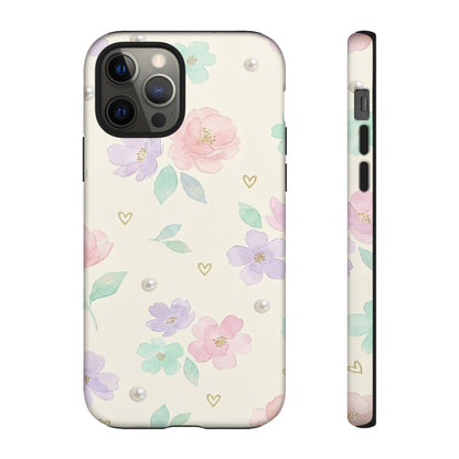 Pastel Floral Phone Case – Coquette Watercolor Flower Hearts Tough Case (iPhone, Samsung, Pixel)
