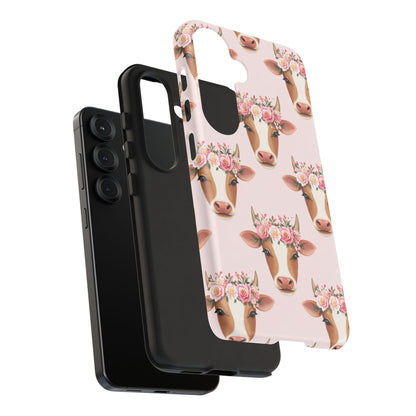 Floral Cow Phone Case – Cute Pink Cow Print Tough Protective Case for Iphone, Samsung Galaxy and Pixel