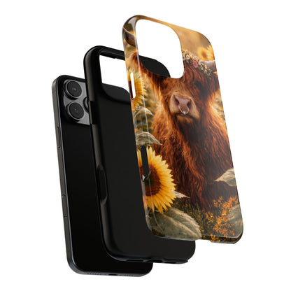 Highland Cow Sunflower Phone Case | Floral Farmhouse iPhone, Samsung Galaxy and Pixel Cover