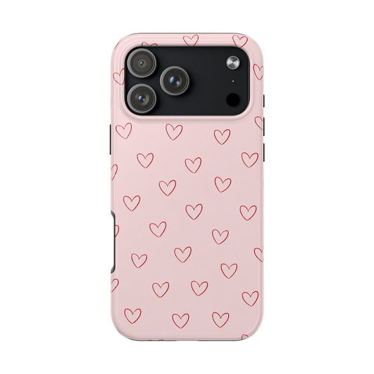 Pink Doodle Hearts Phone Case | Minimal Cute Heart Pattern Tough Case