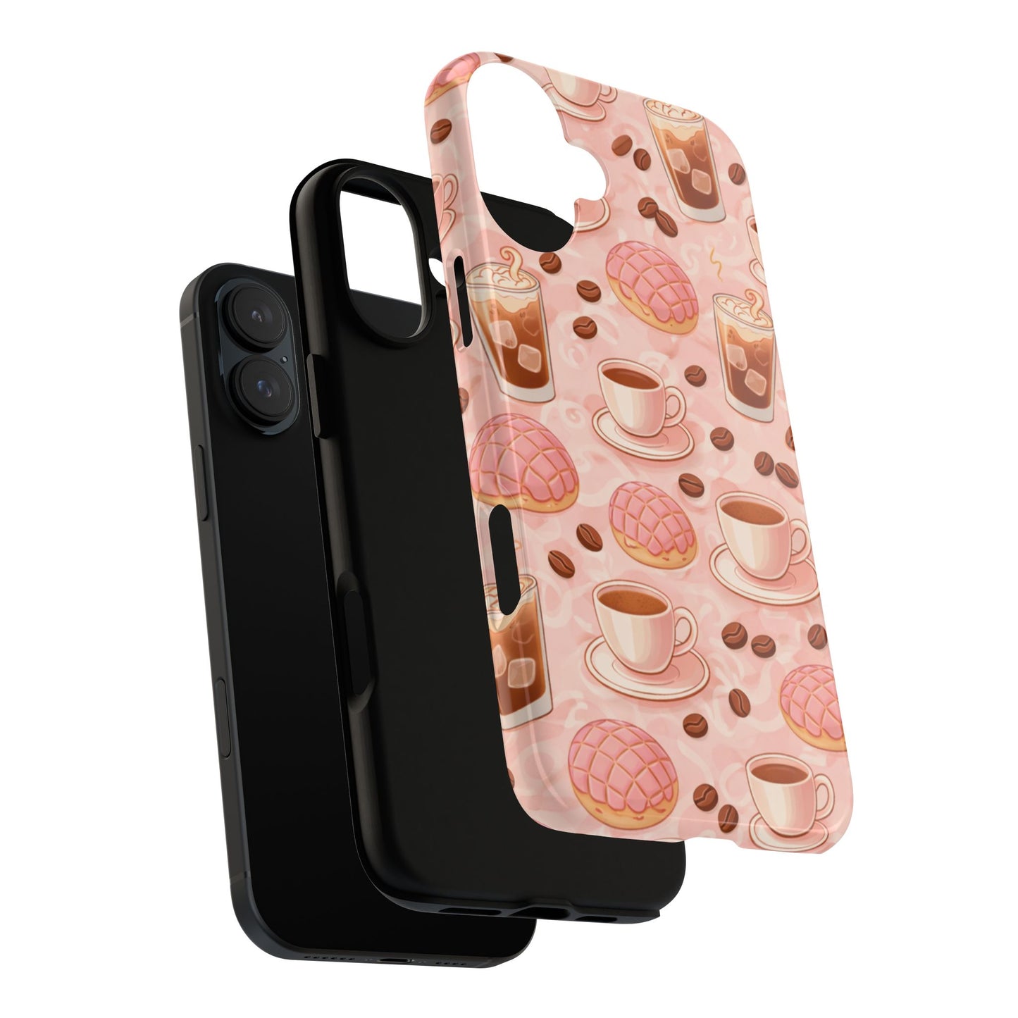 Cute Coffee & Pink Concha Phone Case – Coffee Lover Aesthetic Latte Pattern Tough Case