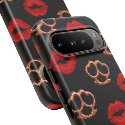 Red Lipstick & Knuckle Duster Phone Case | Bold Kiss Print Tough Protective Cover for Iphone, Samsung Galaxy and Pixel