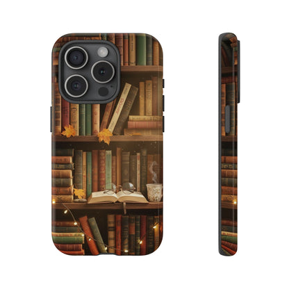 Cozy Vintage Bookshelf Phone Case, Library Aesthetic Book Stack, Autumn Coffee Vibes (iPhone, Samsung, Pixel)