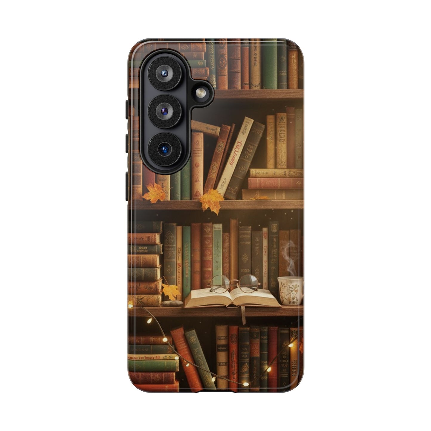 Cozy Vintage Bookshelf Phone Case, Library Aesthetic Book Stack, Autumn Coffee Vibes (iPhone, Samsung, Pixel)