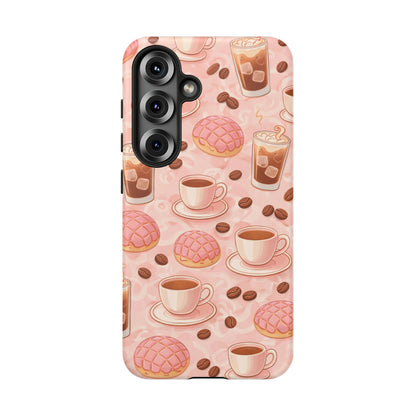 Cute Coffee & Pink Concha Phone Case – Coffee Lover Aesthetic Latte Pattern Tough Case
