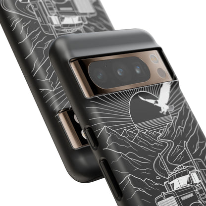 Trucker Highway Phone Case | Eagle & Mountain Line Art | Black Western Tough Case
