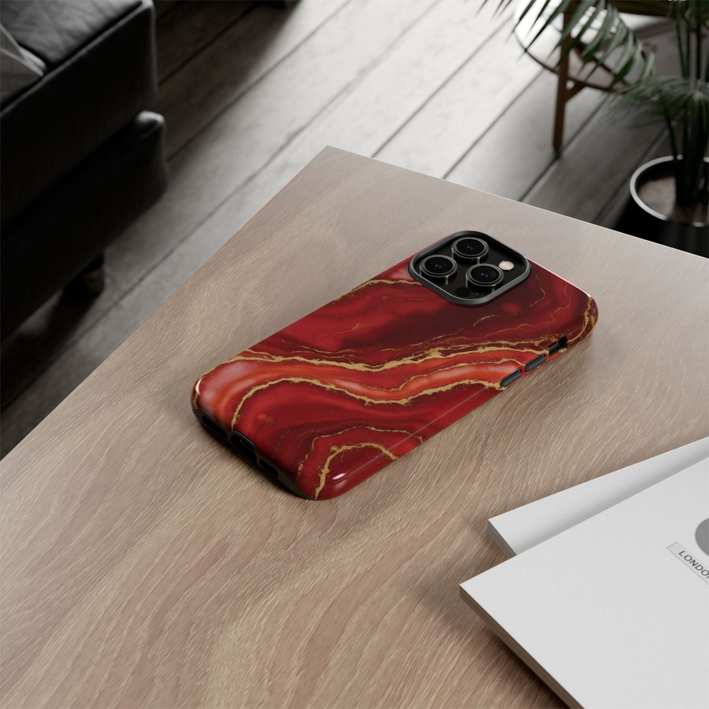 Red Agate Marble Phone Case with Gold Veins – Luxury Tough iPhone & Samsung Case