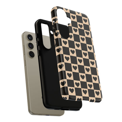 Checkerboard Heart Phone Case – Black & Beige Cute Aesthetic Protective Cover for Iphone, Samsung Galaxy and Pixel