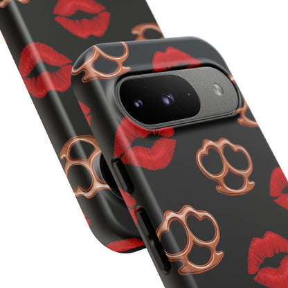 Red Lipstick & Knuckle Duster Phone Case | Bold Kiss Print Tough Protective Cover for Iphone, Samsung Galaxy and Pixel