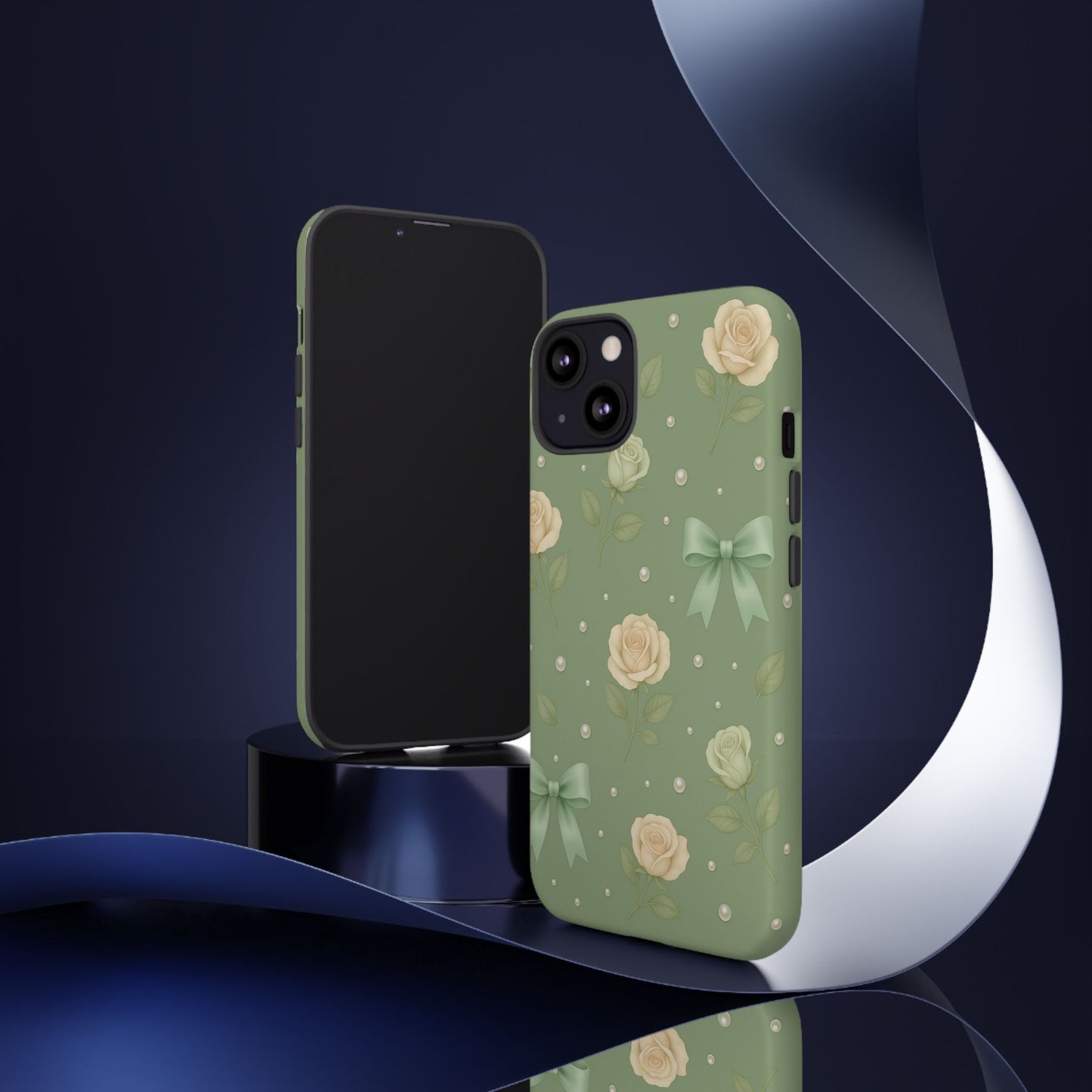 Vintage Rose Bow Phone Case – Sage Green Floral Coquette Aesthetic Tough Case (iPhone, Samsung, Pixel)