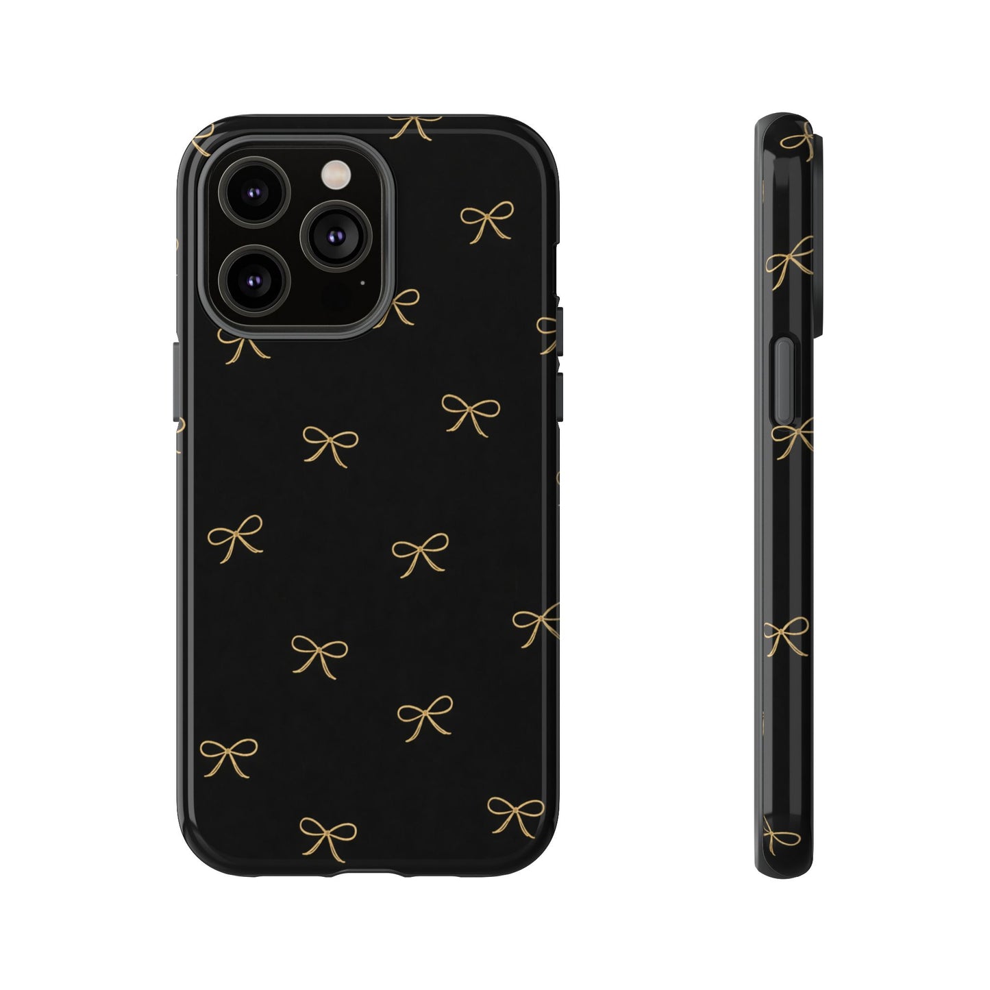 Black Phone Case with Gold Bow Pattern – Slim Protective Cute Aesthetic Cover for Iphone, Samsung Galaxy and Pixel