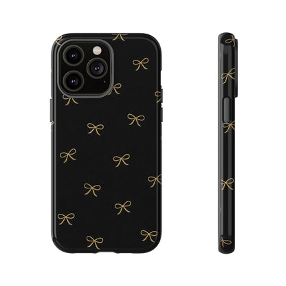 Black Phone Case with Gold Bow Pattern – Slim Protective Cute Aesthetic Cover for Iphone, Samsung Galaxy and Pixel