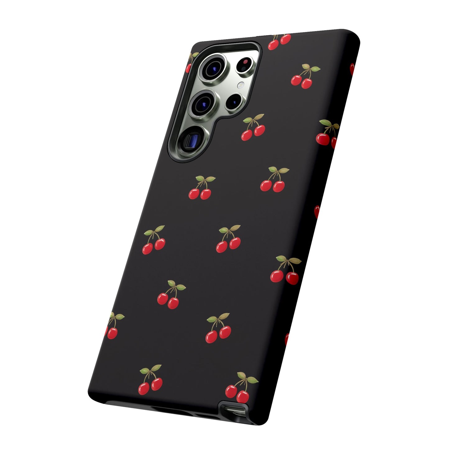 Cherry Pattern Phone Case — Slim Black Protective iPhone Case with Red Cherries for Iphone, Samsung Galaxy and Pixel