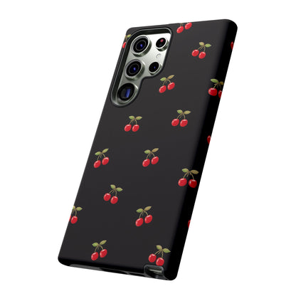 Cherry Pattern Phone Case — Slim Black Protective iPhone Case with Red Cherries for Iphone, Samsung Galaxy and Pixel