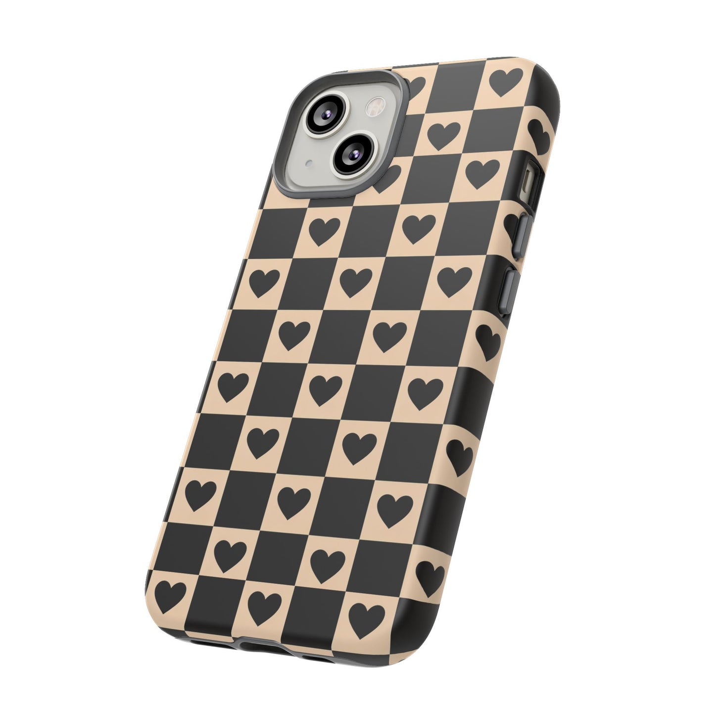 Checkerboard Heart Phone Case – Black & Beige Cute Aesthetic Protective Cover for Iphone, Samsung Galaxy and Pixel