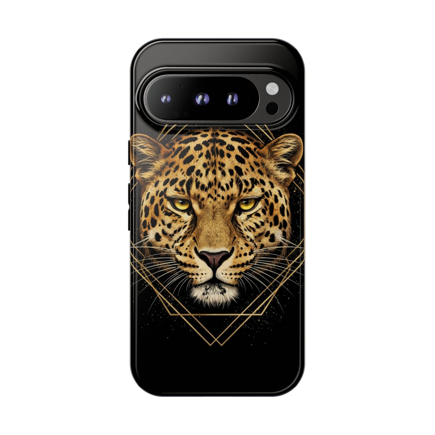 Leopard Head Geometric Phone Case – Black & Gold Luxe Tough Case
