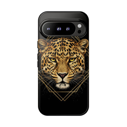Leopard Head Geometric Phone Case – Black & Gold Luxe Tough Case