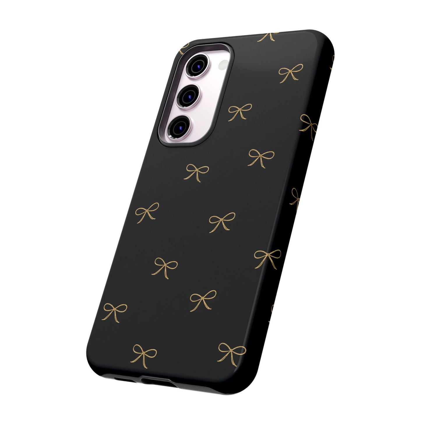 Black Phone Case with Gold Bow Pattern – Slim Protective Cute Aesthetic Cover for Iphone, Samsung Galaxy and Pixel