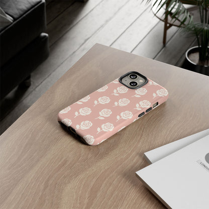 White Rose Pattern Tough Phone Case | Elegant Floral Aesthetic Case for Iphone, Samsung Galaxy and Pixel