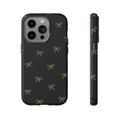 Black Phone Case with Gold Bow Pattern – Slim Protective Cute Aesthetic Cover for Iphone, Samsung Galaxy and Pixel