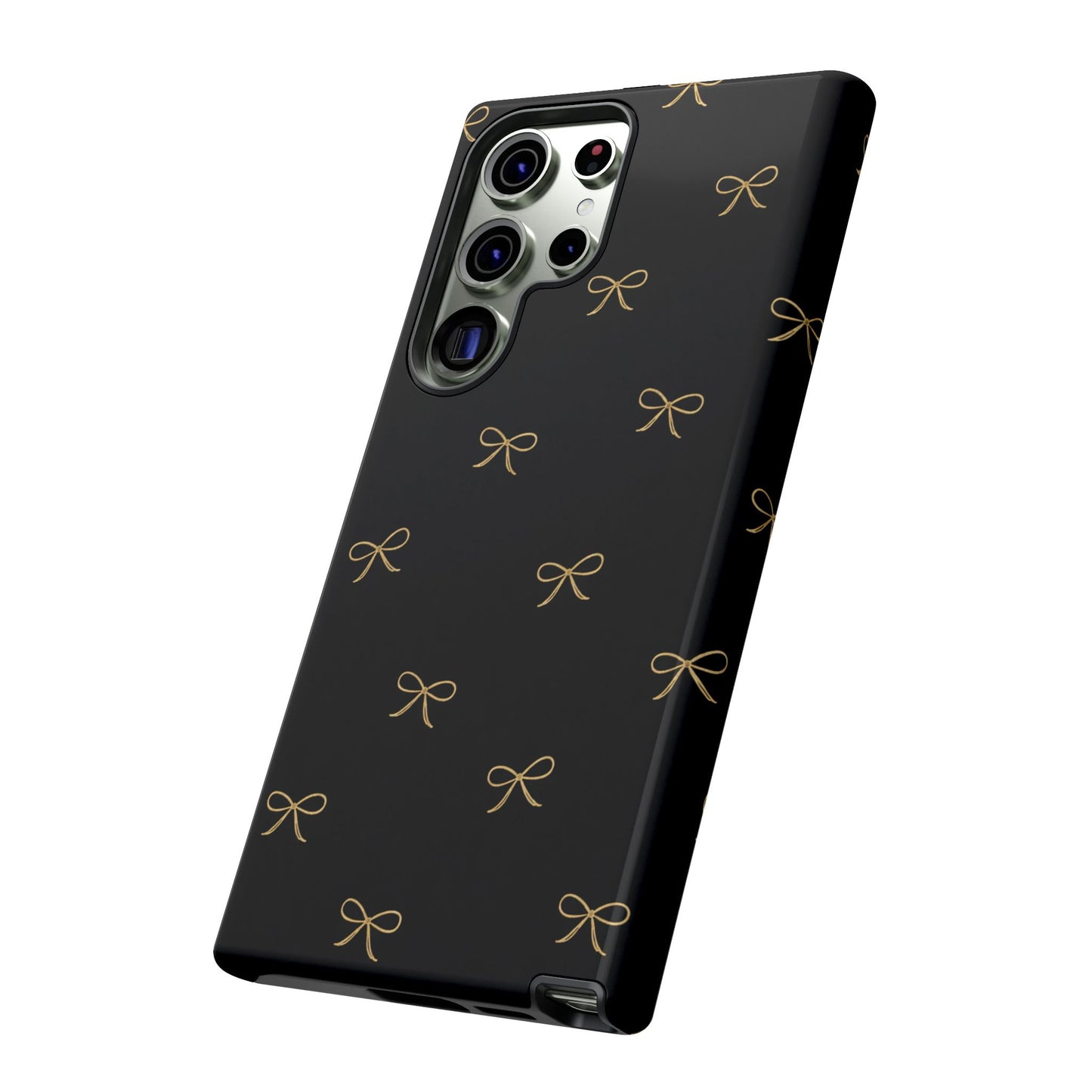 Black Phone Case with Gold Bow Pattern – Slim Protective Cute Aesthetic Cover for Iphone, Samsung Galaxy and Pixel