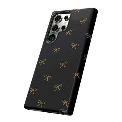 Black Phone Case with Gold Bow Pattern – Slim Protective Cute Aesthetic Cover for Iphone, Samsung Galaxy and Pixel