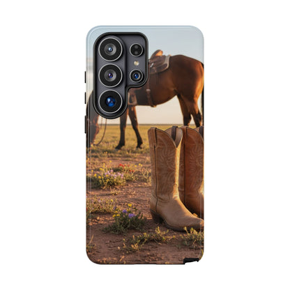 Western Cowboy Boots Phone Case – Rustic Horse Sunset Tough Case (iPhone, Samsung, Pixel)