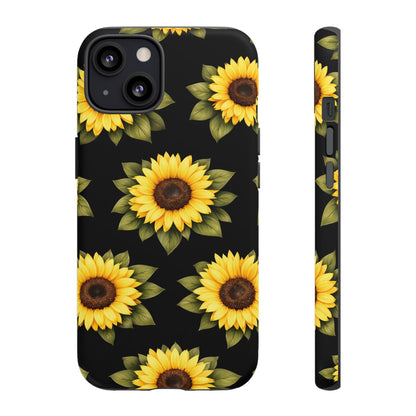 Sunflower Floral Tough Phone Case – Black Background Protective Cover for Iphone, Samsung Galaxy and Pixel