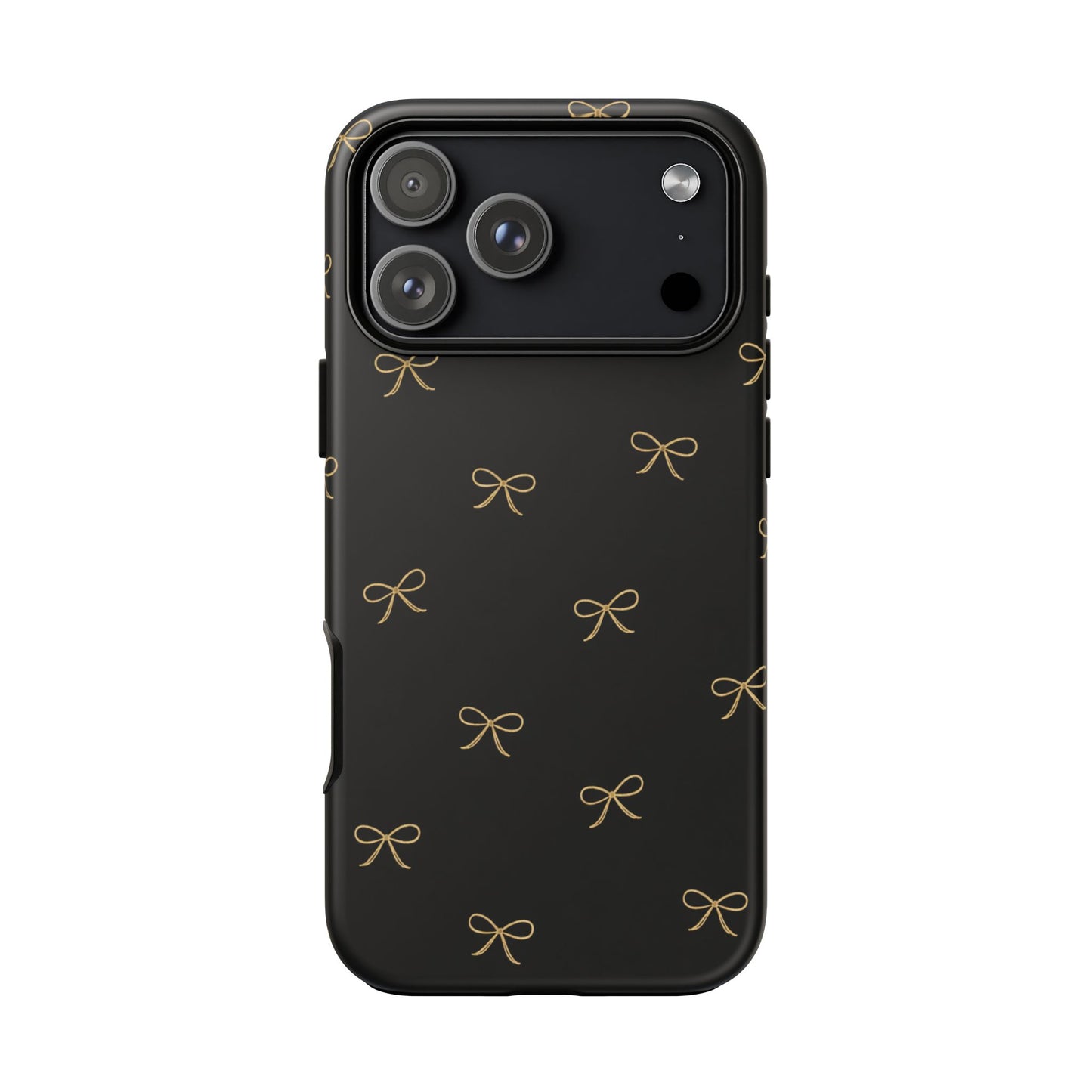 Black Phone Case with Gold Bow Pattern – Slim Protective Cute Aesthetic Cover for Iphone, Samsung Galaxy and Pixel